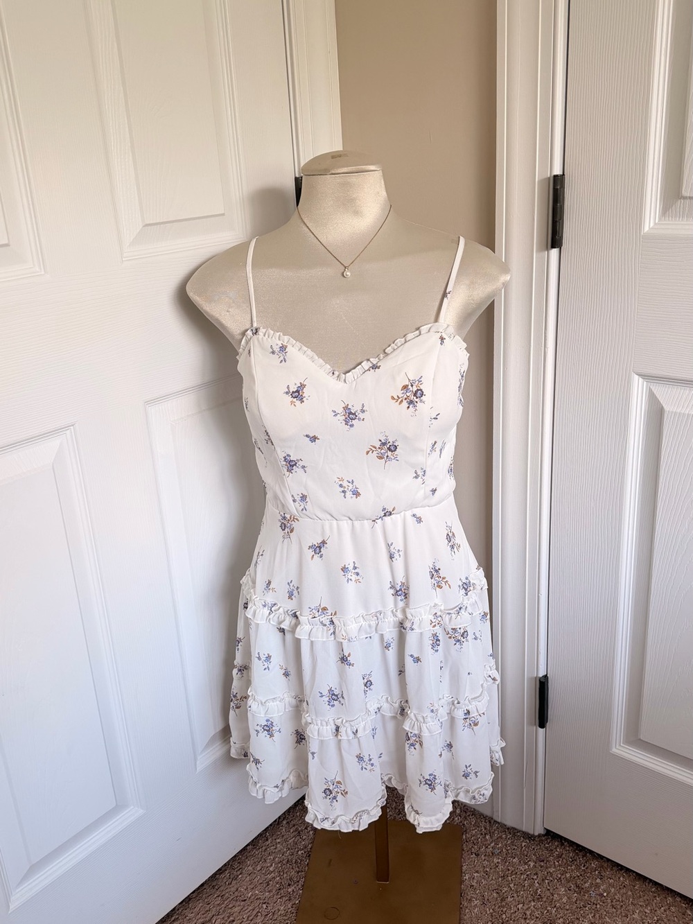 Altar'd State White Mini Dress with Blue & Tan Floral Print